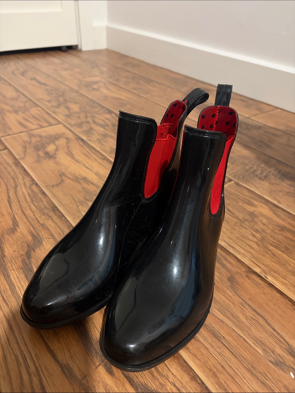 Ralph Lauren Black Gloss Chelsea Rain Boots with Red Elastic Panels